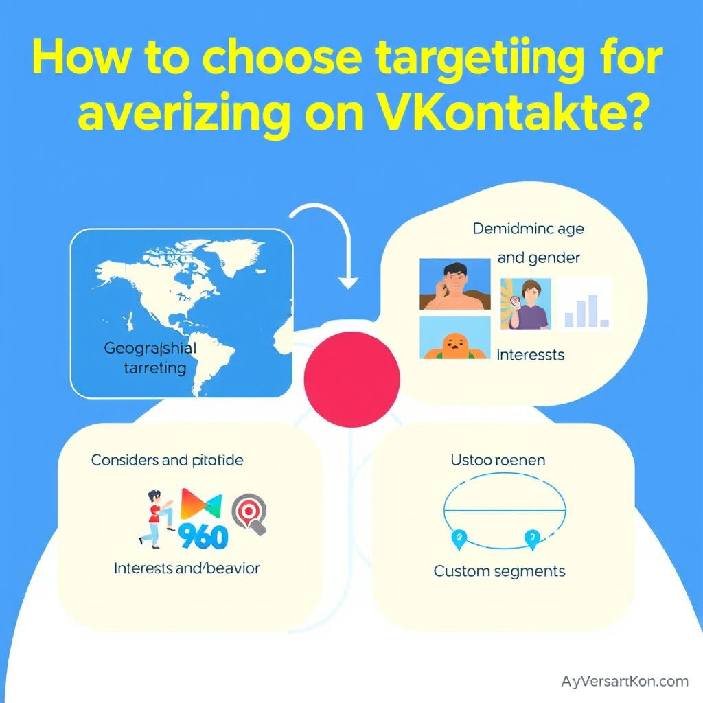 Create a bright and informative illustration on the topic "How to choose targeting for advertising on VKontakte." At the top, place the title: "How to choose targeting for advertising on VKontakte?" in a modern font. In the center of the image, highlight four sections:
Geographical targeting: a map with marked regions, the caption "Determine the location of your audience."
Demographic data: icons of age groups and gender, the text "Consider age and gender."
Interests and behavior: images related to interests (sports, art), with the caption "Set up targeting by interests."
Custom segments: a diagram symbolizing segmentation, with the text "Create your own segments."
The background should be bright, with VKontakte colors (blue and white tones). Add arrows and graphs for visualization.