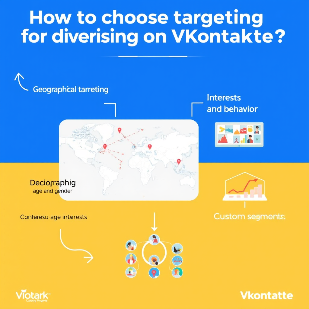 Create a bright and informative illustration on the topic "How to choose targeting for advertising on VKontakte." At the top, place the title: "How to choose targeting for advertising on VKontakte?" in a modern font. In the center of the image, highlight four sections:
Geographical targeting: a map with marked regions, the caption "Determine the location of your audience."
Demographic data: icons of age groups and gender, the text "Consider age and gender."
Interests and behavior: images related to interests (sports, art), with the caption "Set up targeting by interests."
Custom segments: a diagram symbolizing segmentation, with the text "Create your own segments."
The background should be bright, with VKontakte colors (blue and white tones). Add arrows and graphs for visualization.