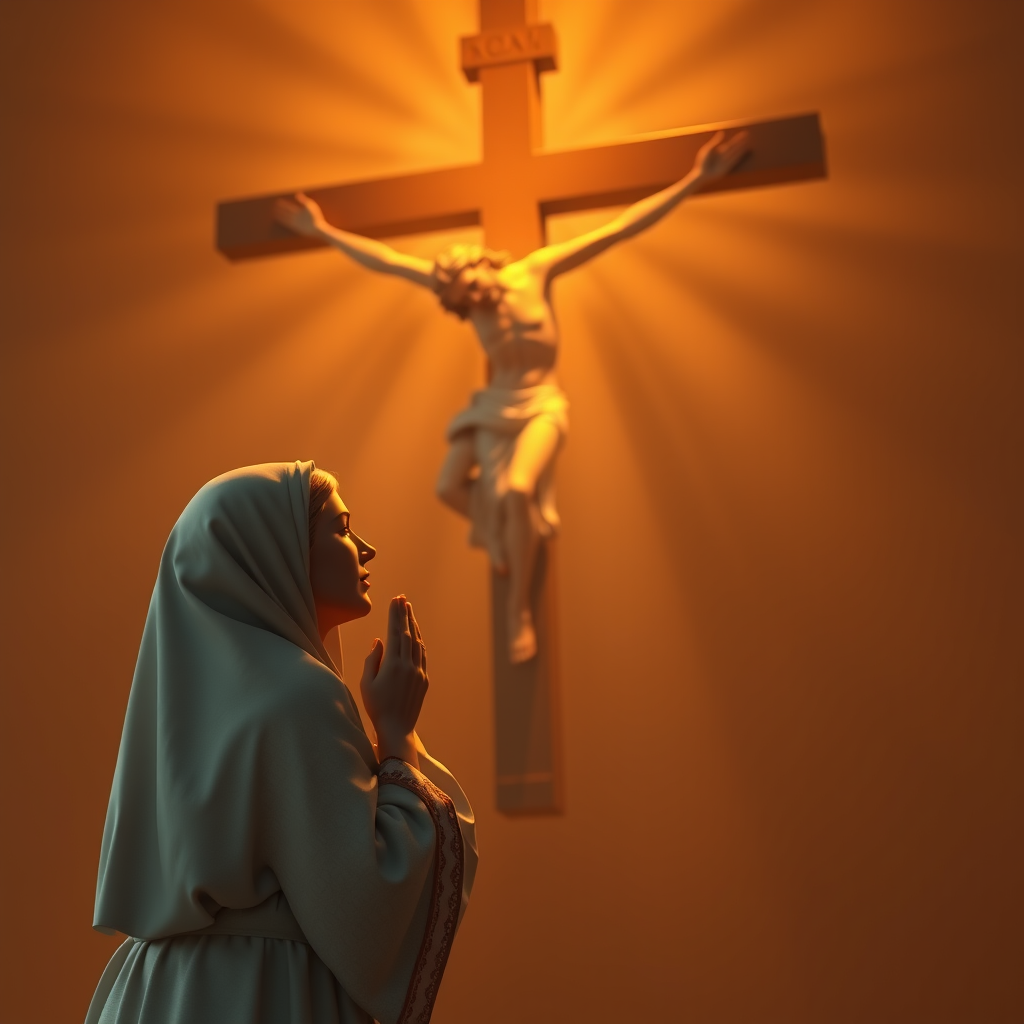 A Russian woman prays before the Crucifixion of Christ and thanks God for everything.