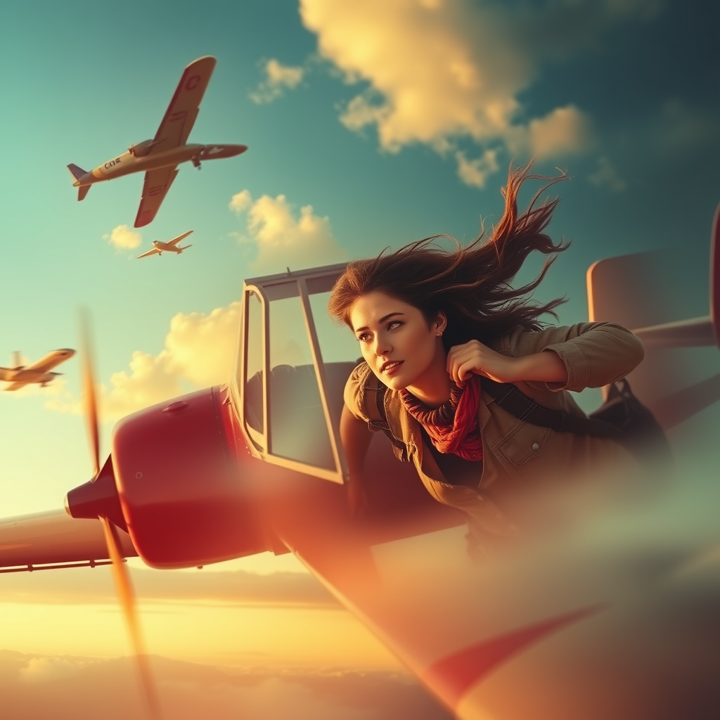 A montage of the Earhart-like figure overcoming obstacles during a flight.