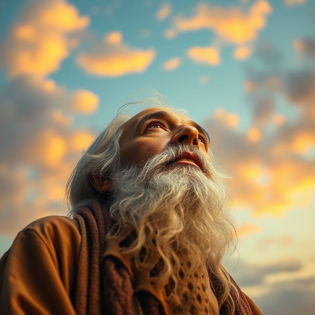 An old poet resembling Omar Khayyam the poet looks up at a sky transitioning from day to night.