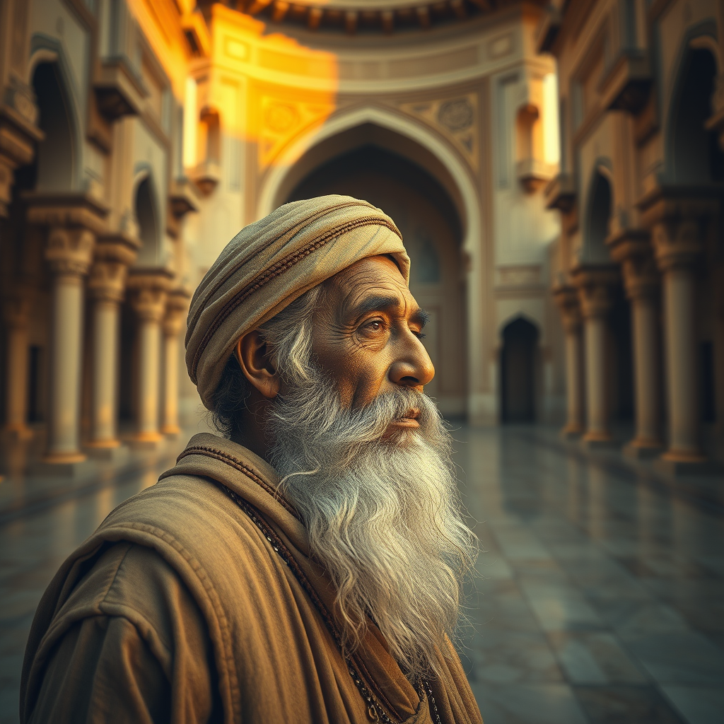 An old poet resembling Omar Khayyam gazes thoughtfully at the grand empty palace around him