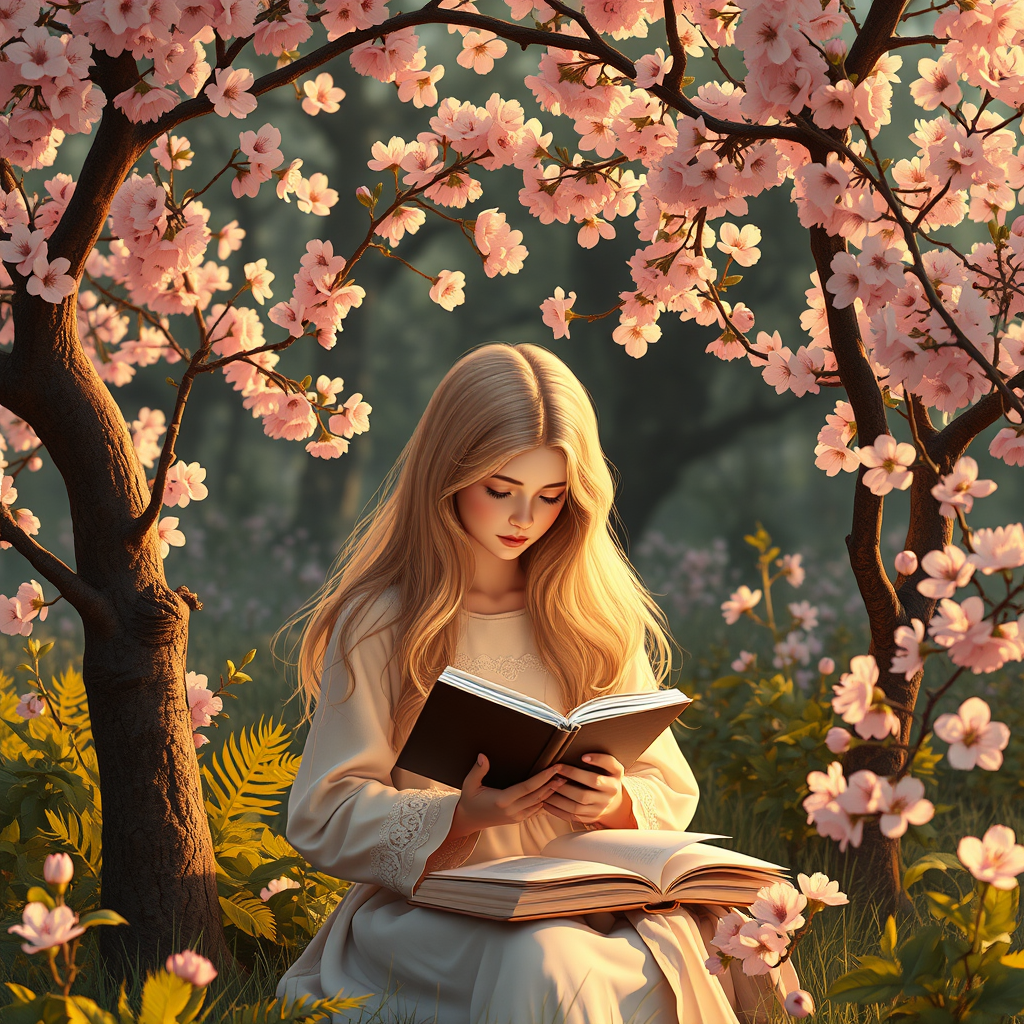 A blonde girl came into her garden with blossoming bird cherry trees and wrote down some poems she had just composed in a notebook. Negative: the drawing must be without captions. A blonde girl came into her garden with blossoming bird cherry trees and wrote down some poems she had just composed in a notebook. Negative: the drawing must be without captions.