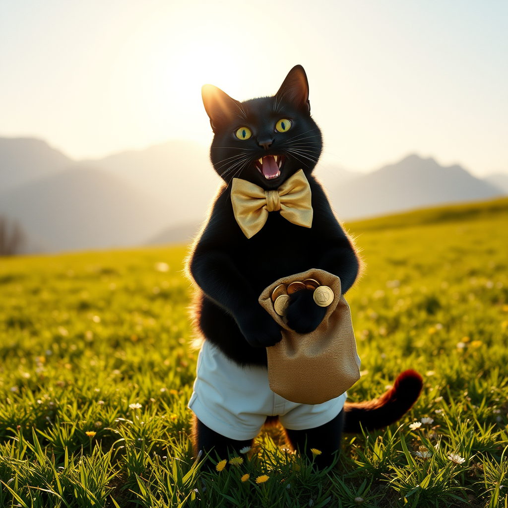 Here's a ready-to-use prompt for Midjourney:

```
A cheerful black cat standing on its hind legs, wearing white shorts and a shiny golden bow tie around its neck. The cat holds a slightly open sack of gold coins in its front paws, sparkling coins visible inside. The cat looks directly at the viewer with a wide, friendly, playful smile. The cat stands on a sunny green meadow with lush grass and small flowers. In the background, picturesque mountains bathed in sunlight, a bright sun shining in the sky creating a warm atmosphere. Photorealistic style, highly detailed fur texture, realistic fabric of shorts and bow tie, metallic shine on the gold coins, natural lighting and color nuances, 8K, shot on 35mm film, soft warm tones, depth of field. --ar 4:3 --style raw --v 6
```