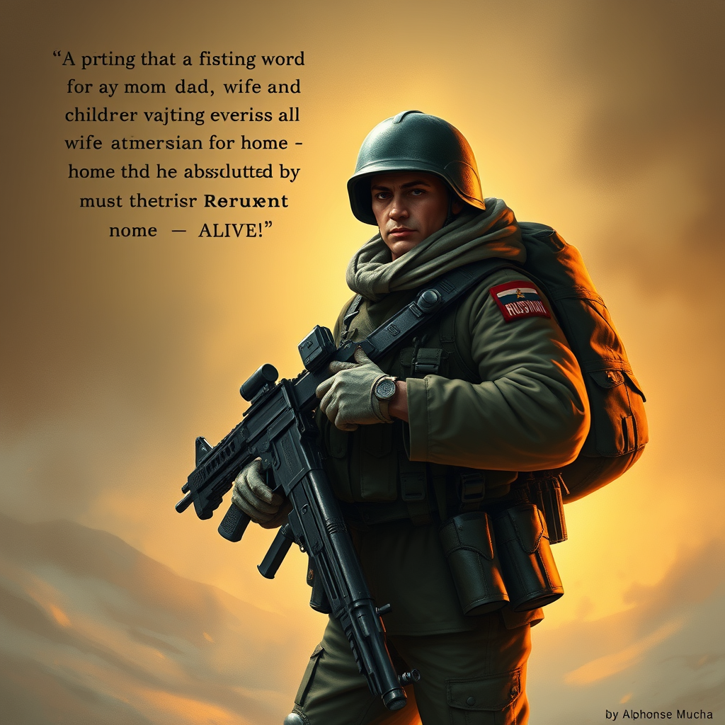 A parting word, an order to a fighting soldier that his mom and dad, wife and children are eagerly awaiting him at home, and that he absolutely must return home - ALIVE! Negative: The soldier in the drawing must be RUSSIAN, wearing RUSSIAN uniform and equipment. A parting word, an order to a fighting soldier that his mom and dad, wife and children are eagerly awaiting him at home, and that he absolutely must return home - ALIVE! Negative: The soldier in the drawing must be RUSSIAN, wearing RUSSIAN uniform and equipment.