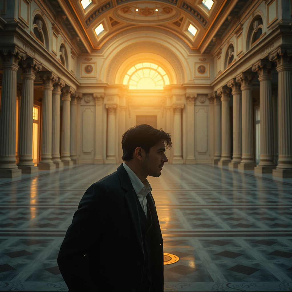 The poet gazes thoughtfully at the grand empty palace around him.
