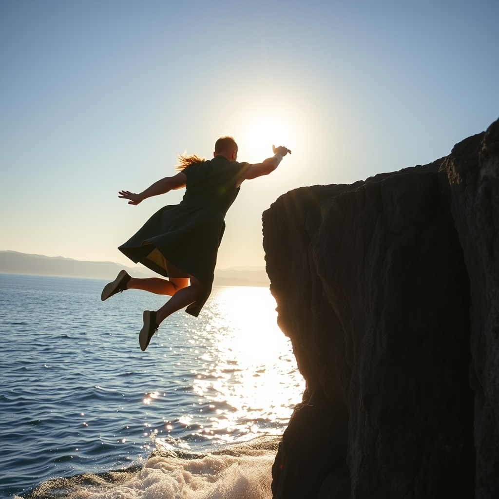 Napoleon Hill-like figure jumping off a cliff into water.