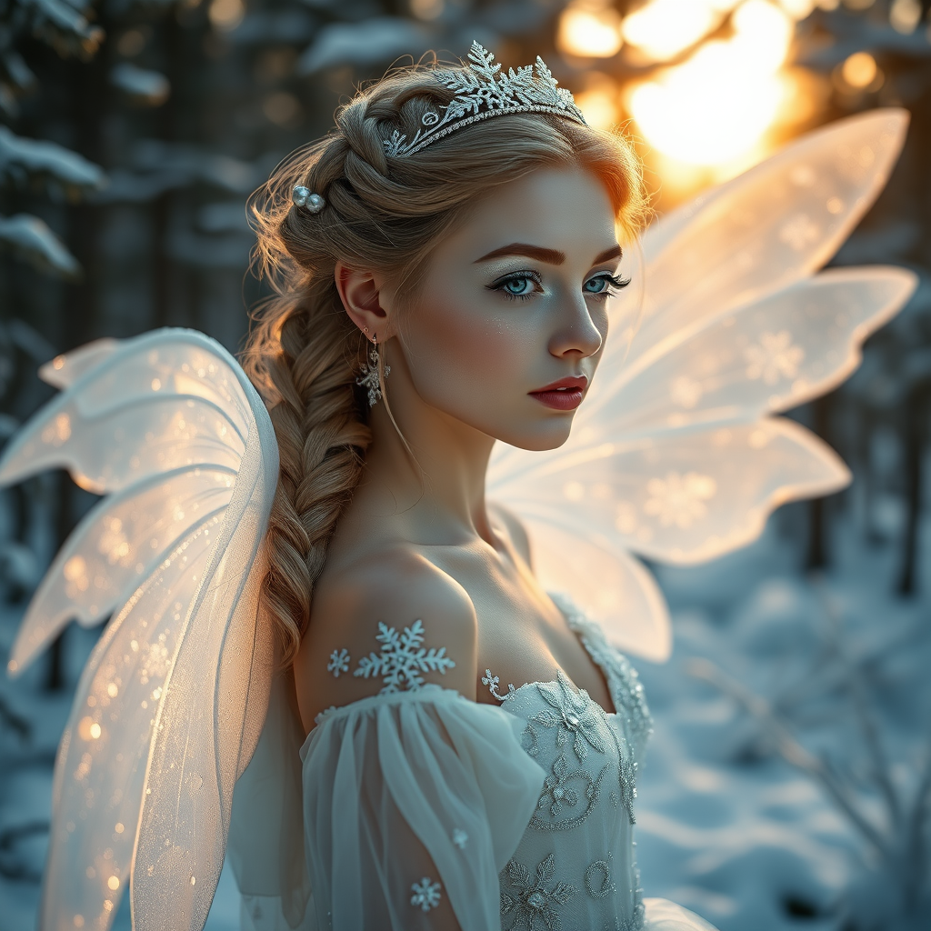 hyperrealistic photograph, incredibly
detailed, shot on a Sony A7 IV with a macro
lens. A young woman from photo stands in
a snow-covered enchanted forest at
twilight, her delicate, crystalline large wings
shimmering with frost and ice patterns. Her
hair is styled in intricate braids woven with
silver threads and tiny, glowing pearls,
cascading over her shoulders. She wears an
ethereal gown of iridescent white silk and
tulle, embroidered with snowflake patterns
that catch the light, and a delicate silver
tiara adorned with icicles. Her makeup is
luminous and frost-kissed, featuring dewy
skin 
with 
pearlescent 
highlighter,
shimmering silver eyeshadow, iridescent lip
gloss, and subtle glitter on her cheekbones
resembling frost. The scene is lit by the soft,
diffused light of the setting sun filtering
through the pine trees, creating a magical
glow around her and making the snow
sparkle. The atmosphere is mystical, serene,
and wintery