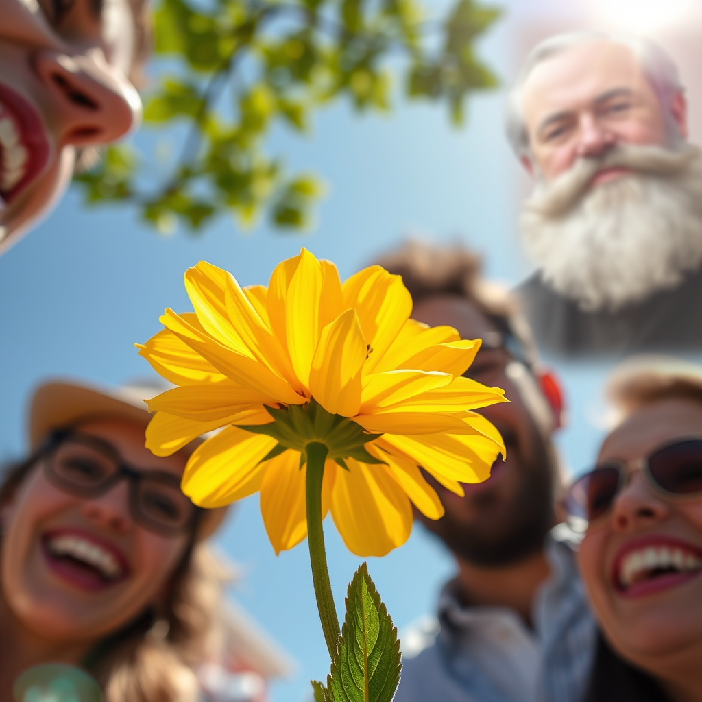 Close-ups of simple pleasures: a blooming flower, a sunny day, laughing friends, against a background with a man who looks like Fyodor Dostoevsky.