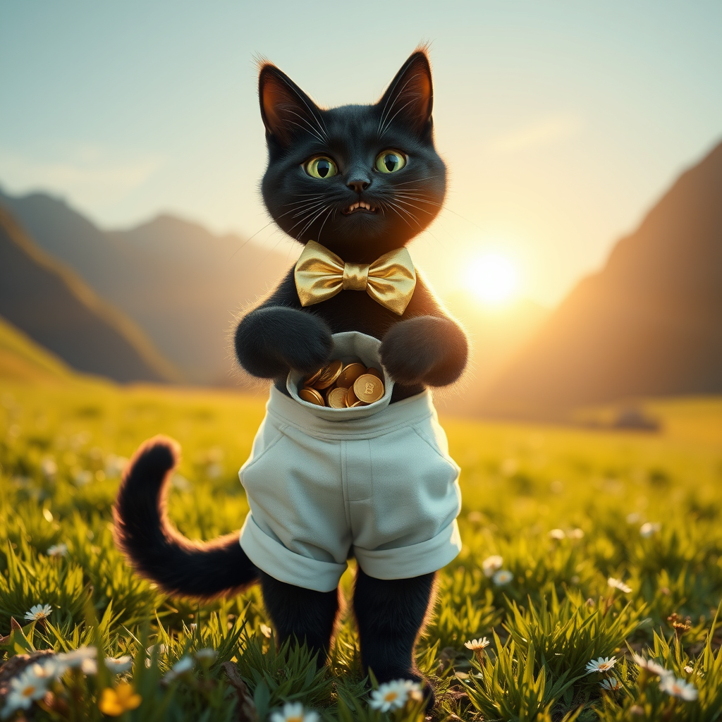 Here's a ready-to-use prompt for Midjourney: ``` A cheerful black cat standing on its hind legs, wearing white shorts and a shiny golden bow tie around its neck. The cat holds a slightly open sack of gold coins in its front paws, sparkling coins visible inside. The cat looks directly at the viewer with a wide, friendly, playful smile. The cat stands on a sunny green meadow with lush grass and small flowers. In the background, picturesque mountains bathed in sunlight, a bright sun shining in the sky creating a warm atmosphere. Photorealistic style, highly detailed fur texture, realistic fabric of shorts and bow tie, metallic shine on the gold coins, natural lighting and color nuances, 8K, shot on 35mm film, soft warm tones, depth of field. --ar 4:3 --style raw --v 6 ```