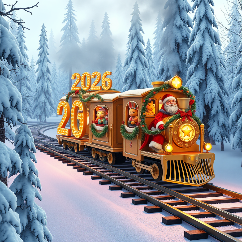 A fairy-tale New Year's train is traveling along the tracks through a winter snowy forest. It is written 2026. The train is golden in color and is decorated with garlands and colorful lights. Fairy-tale animals, Santa Claus, and the Snow Maiden are traveling on the train.