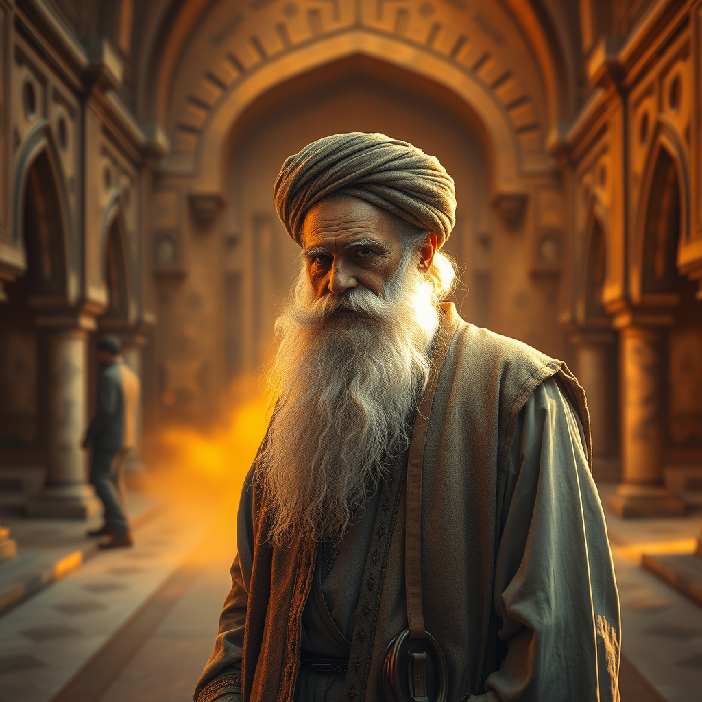 An old poet resembling Omar Khayyam, standing in a mysterious old palace.