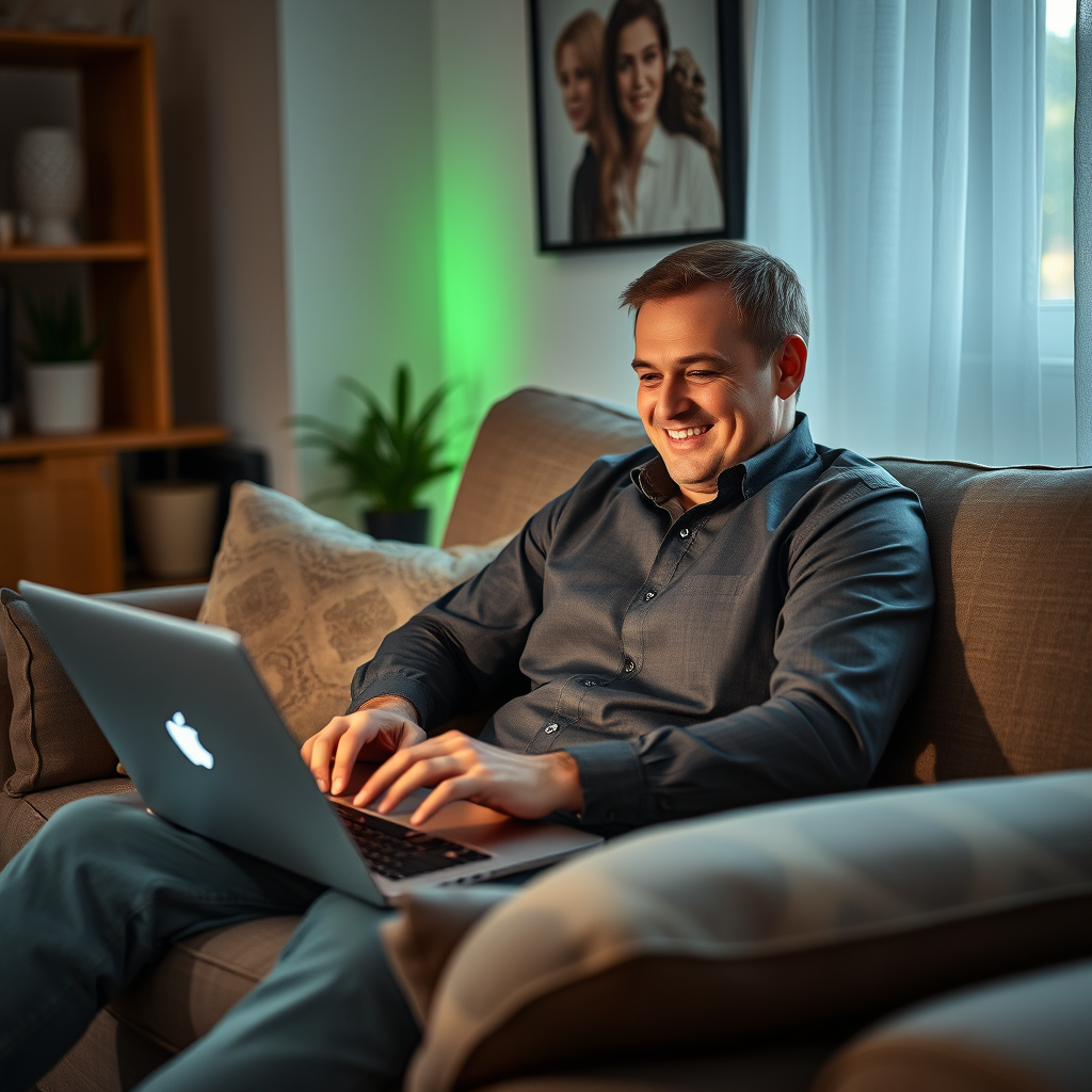 Happy Russian man in a shirt at home on the sofa sidis with a laptop turned on. Theme earnings on the Internet Happy Russian man in a shirt at home on the sofa sidis with a laptop turned on. Theme earnings on the Internet