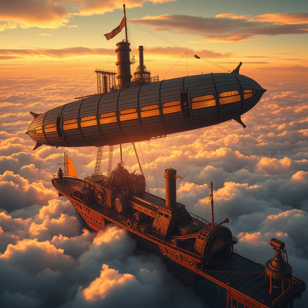 9. A steampunk airship harbor above the clouds, intricate machinery, golden hour lighting.