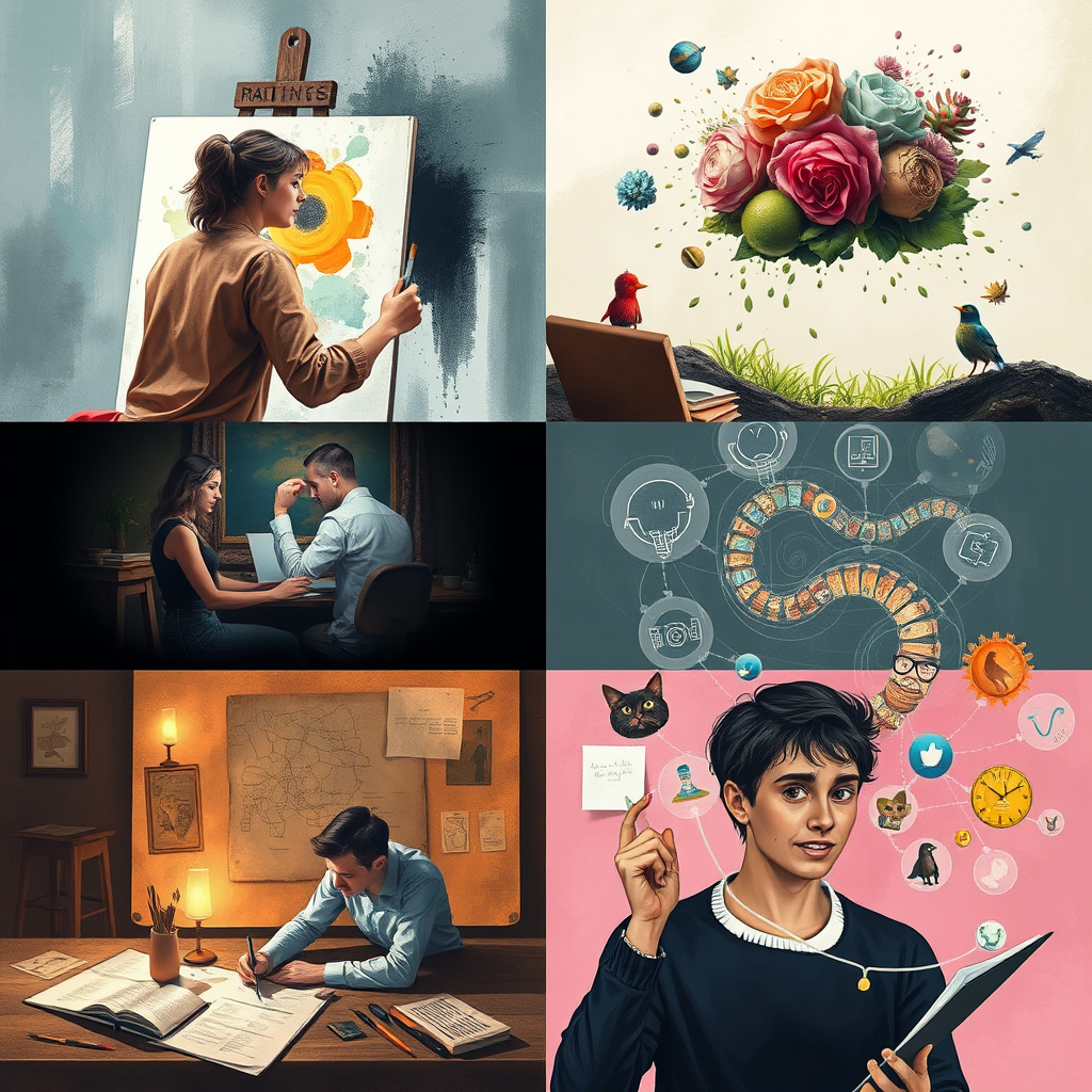 A montage of creative and imaginative scenes: an artist painting, a writer brainstorming.