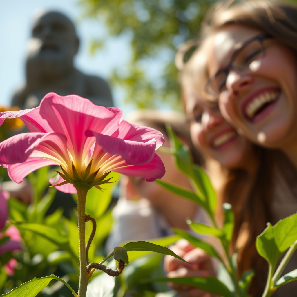 Close-ups of simple pleasures: a blooming flower, a sunny day, friends laughing, with a Dostoevsky-like figure in the background.