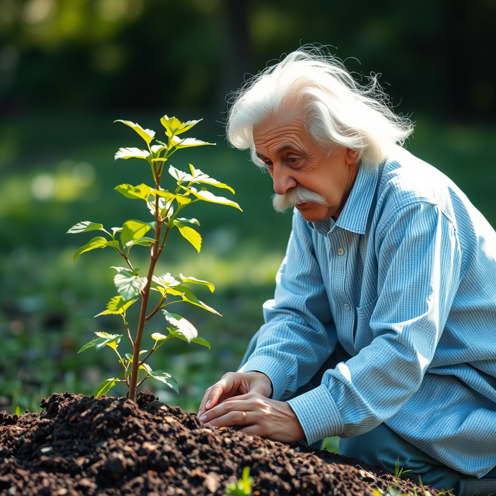 The man resembling Einstein planting a tree, symbolizing growth and values.