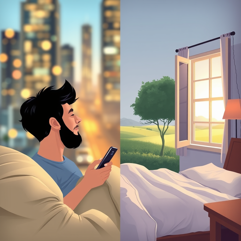 Emotional illustration for a tourism website about rest for tired people.
Tired modern person escaping fast city life into slow life sleep tourism. On one side — blurred city, smartphone, stress, rush. On the other side — quiet countryside retreat, cozy bedroom, soft bed, open window, gentle sunlight, fresh air. Feeling of relief, letting go, calm mind, better sleep, mental recovery. No excursions, no crowds, peaceful atmosphere. Soft colors, warm light, storytelling illustration, emotional contrast, wellness travel concept, slow tourism, deep rest and silence.
