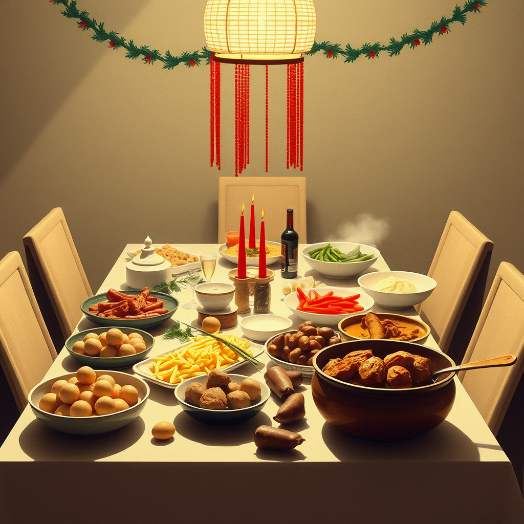 There's a table with food on it, a lot of it, a holiday, New Year's, ultra details, 16K