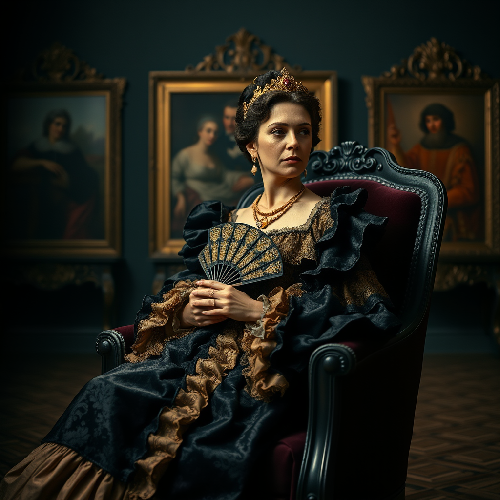 Preserve identity. Majestic, cinematic portrait in the dramatic style of the Baroque era. Pose: sitting regally on a dark velvet armchair, hands holding a small ornate fan, thoughtful look. Outfit: lavish black and gold brocade gown with ruffles and elaborate embroidery. Dark moody studio background with blurry ancient paintings. Intense high-contrast Caravaggio-style lighting, dramatic shadows (chiaroscuro). Noticeable film grain, Leica M10.