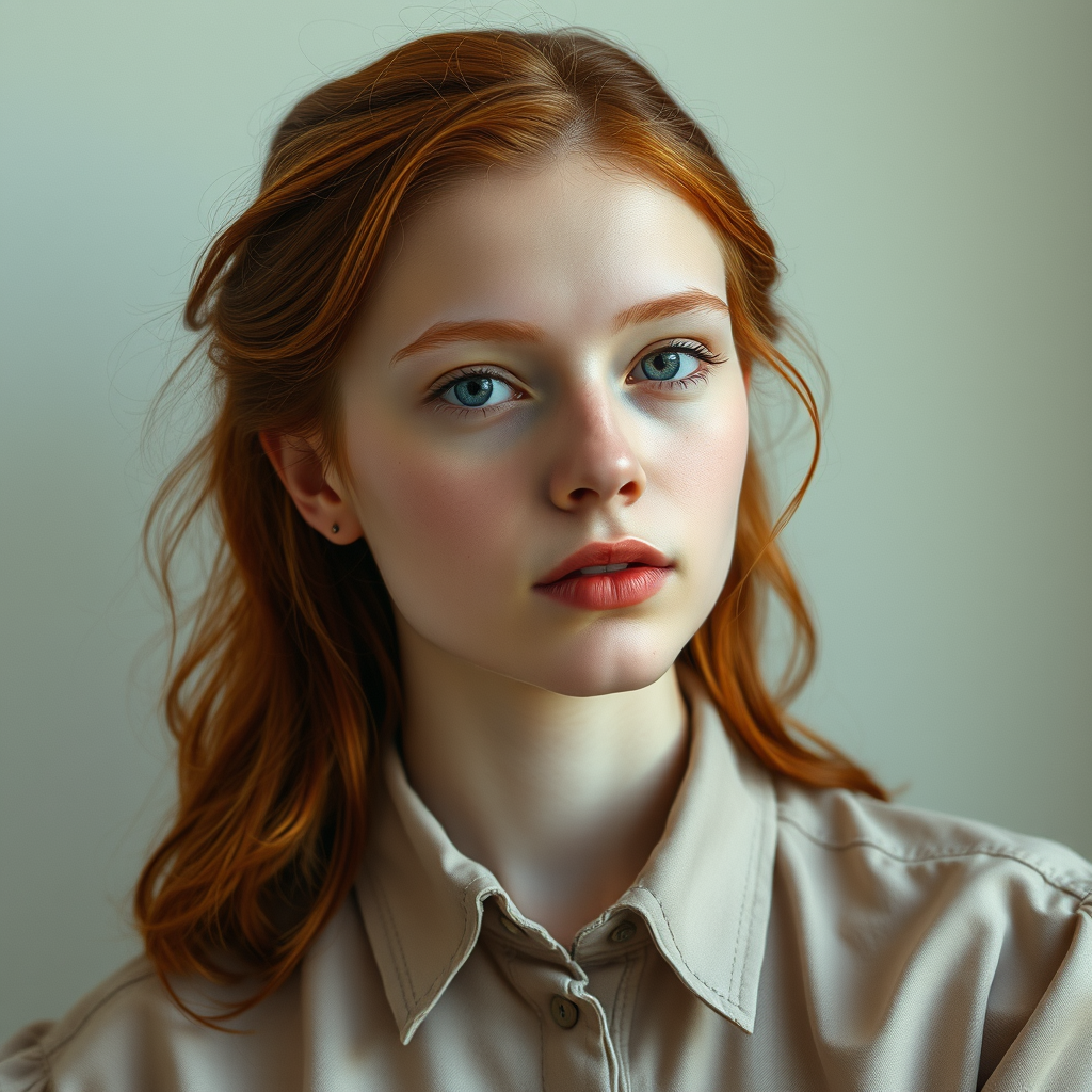 photorealism, young woman in a blouse, direct gaze, red hair, beautifully styled, facial skin without freckles photorealism, young woman in a blouse, direct gaze, red hair, beautifully styled, facial skin without freckles