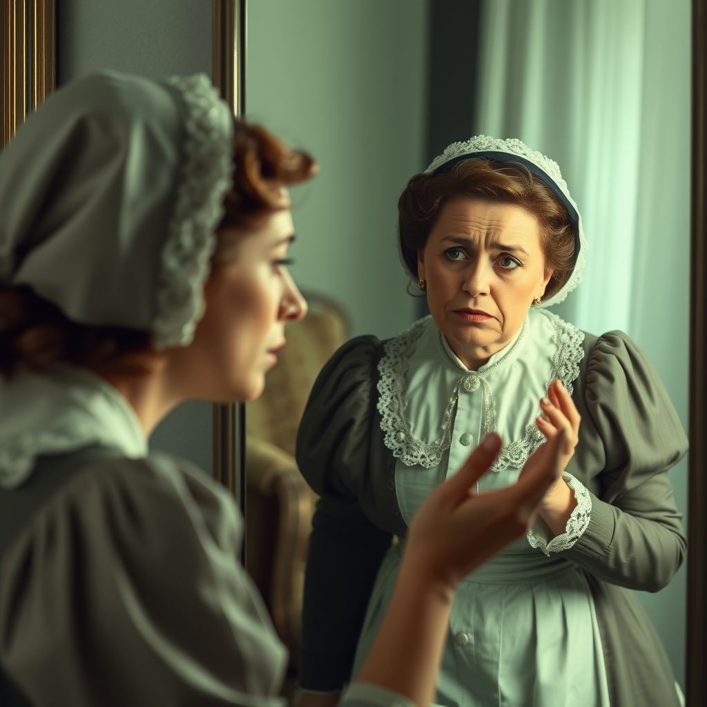 A frustrated woman resembling Florence Nightingale making excuses in a mirror.