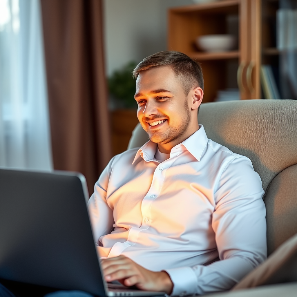 Happy Russian man in a shirt at home on the sofa sidis with a laptop turned on. Theme earnings on the Internet Happy Russian man in a shirt at home on the sofa sidis with a laptop turned on. Theme earnings on the Internet