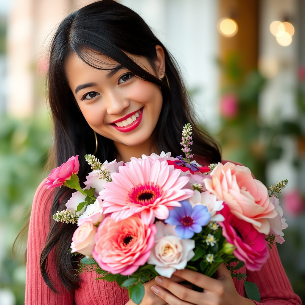 An image of a woman holding a bouquet of flowers, her face should be the same as in the attached photo, smiling