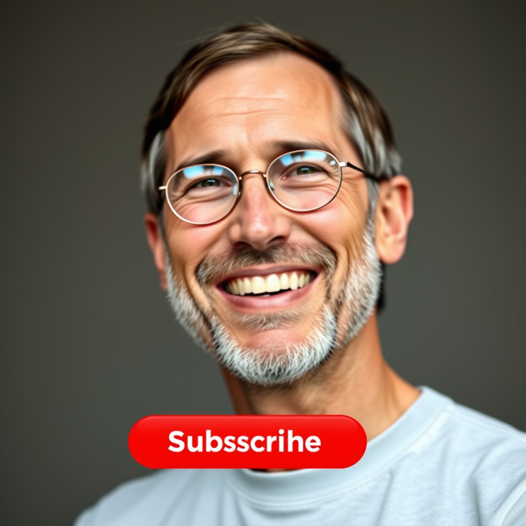 The Subscribe button is on the screen next to a man who looks like Steve Jobs.