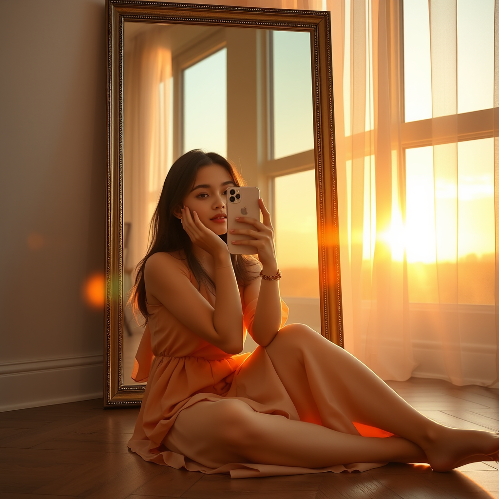 Use uploaded photo as reference. Do not alter facial features. Create a hyper-realistic photo of a young girl sitting elegantly on the floor in front of a large trendy mirror during soft afternoon golden hour. Her left hand gently touches her cheek while her right hand holds an iPhone 17 Pro Max, taking a mirror selfie. The warm sunset light streams in from the window, casting an ethereal glow across the scene.