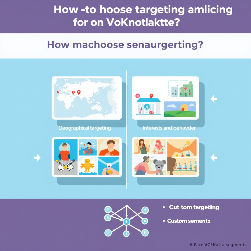 Create a bright and informative illustration on the topic "How to choose targeting for advertising on VKontakte." At the top, place the title: "How to choose targeting for advertising on VKontakte?" in a modern font. In the center of the image, highlight four sections:

Geographical targeting: a map with marked regions, the caption "Determine the location of your audience."

Demographic data: icons of age groups and gender, the text "Consider age and gender."

Interests and behavior: images related to interests (sports, art), with the caption "Set up targeting by interests."

Custom segments: a diagram symbolizing segmentation, with the text "Create your own segments."

The background should be bright, with VKontakte colors (blue and white tones). Add arrows and graphs for visualization.