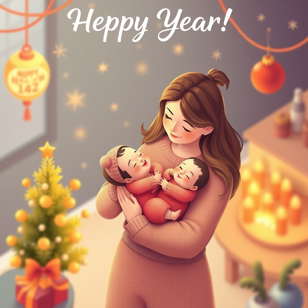 I want a New Year's card where a mother is holding a three-month-old baby in her arms.