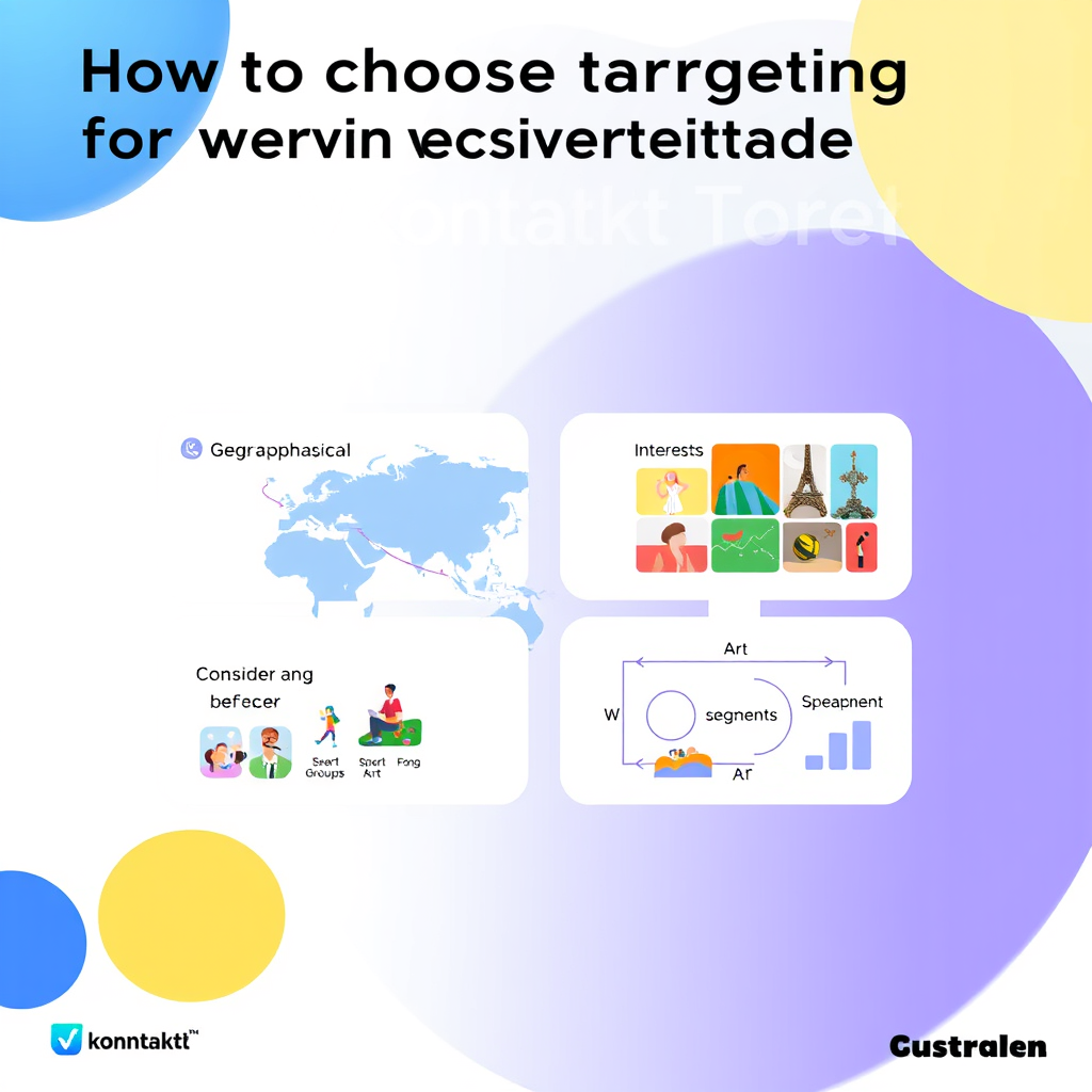 Create a bright and informative illustration on the topic "How to choose targeting for advertising on VKontakte." At the top, place the title: "How to choose targeting for advertising on VKontakte?" in a modern font. In the center of the image, highlight four sections:

Geographical targeting: a map with marked regions, the caption "Determine the location of your audience."

Demographic data: icons of age groups and gender, the text "Consider age and gender."

Interests and behavior: images related to interests (sports, art), with the caption "Set up targeting by interests."

Custom segments: a diagram symbolizing segmentation, with the text "Create your own segments."

The background should be bright, with VKontakte colors (blue and white tones). Add arrows and graphs for visualization.