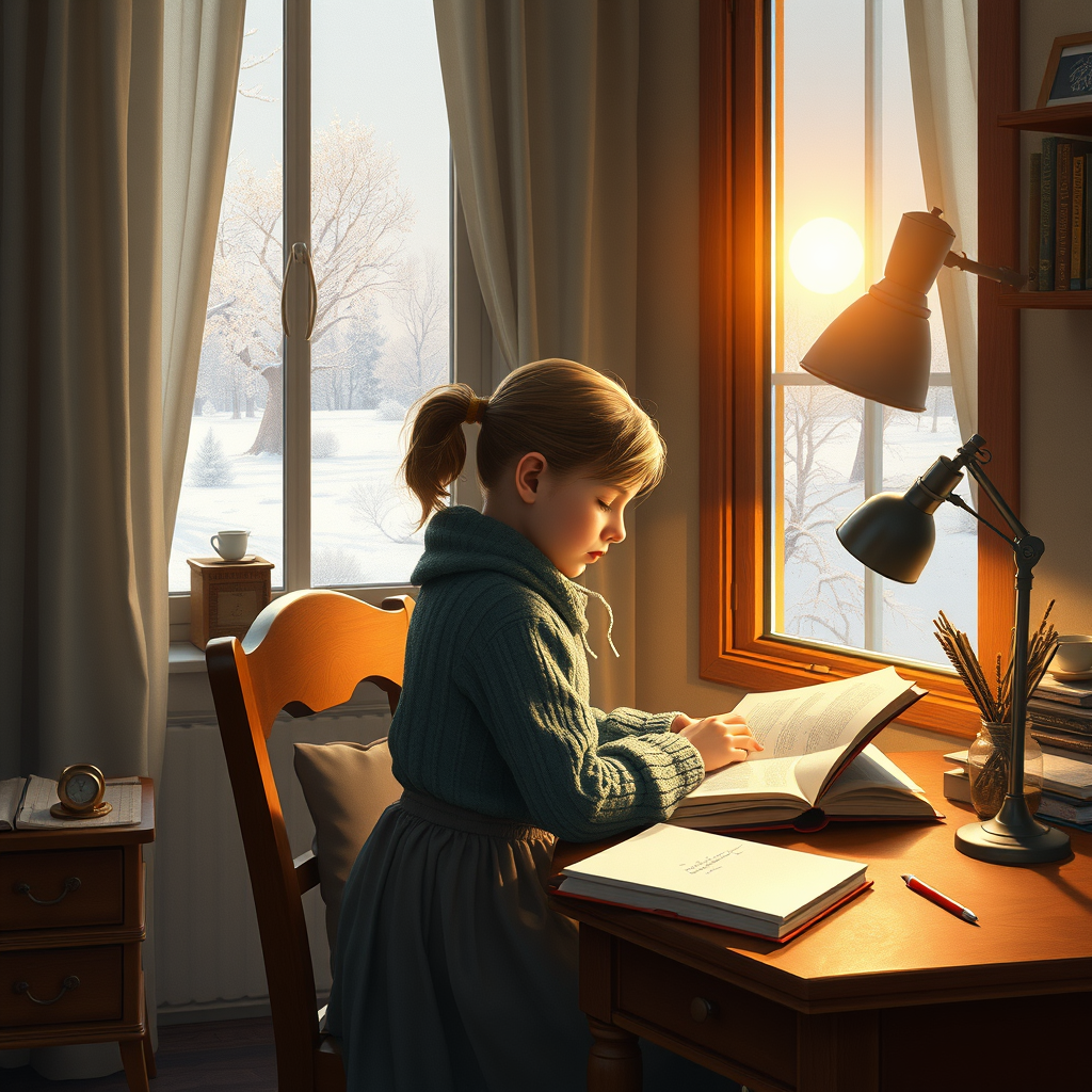 Hi, friend! I need a picture without captions... Today I need to make this acrylic painting: Russia, a girl at home, sitting at her desk, studying from a book, doing her homework. And outside, the sun is shining gently, glistening on the Siberian snow, beckoning her to go outside for a walk...