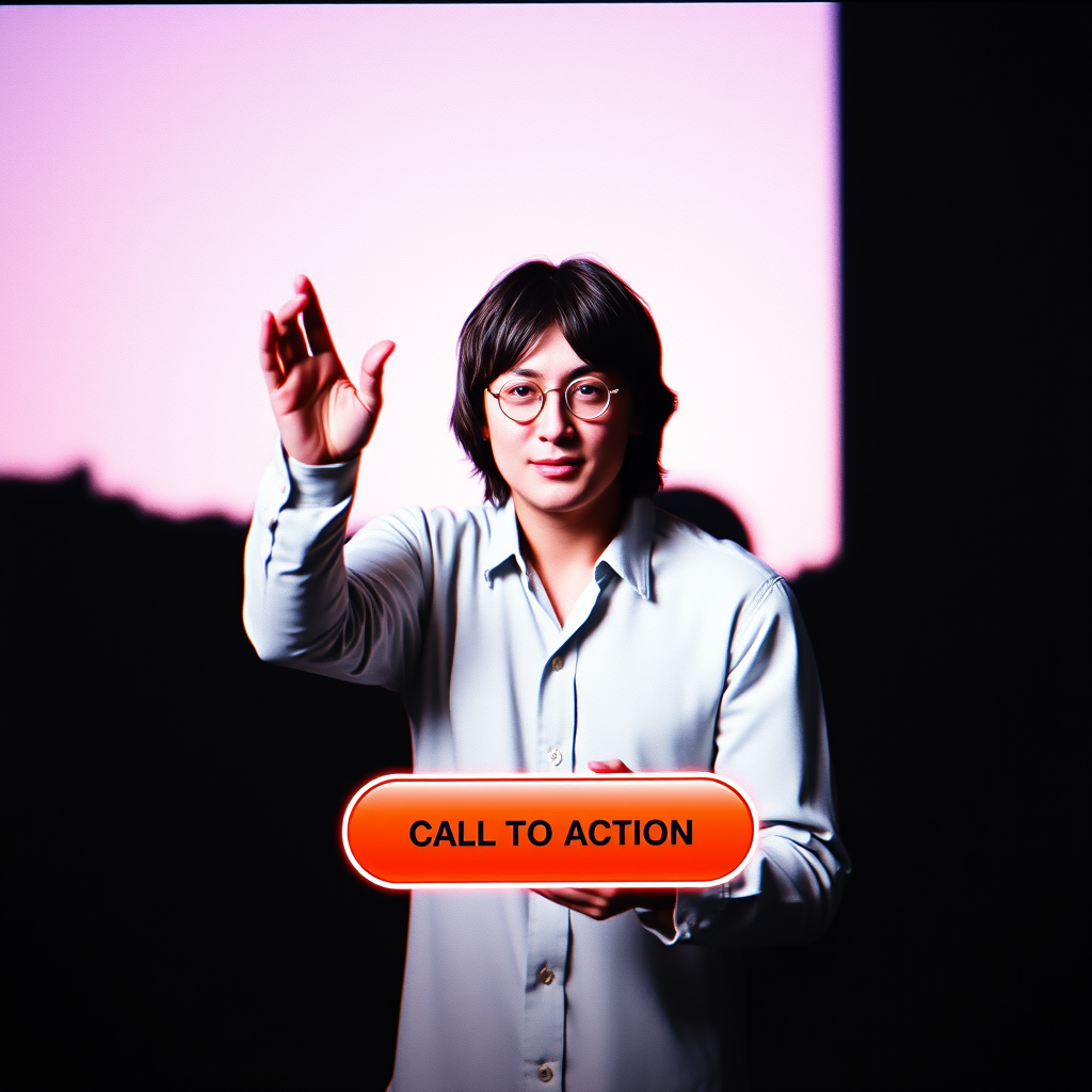 A call-to-action button appearing on the screen near the Lennon-like figure