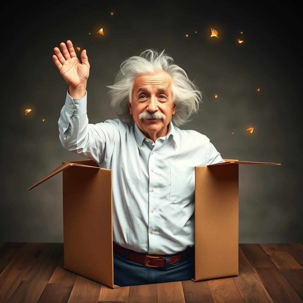 A man who looks like Albert Einstein breaks out of the box, symbolizing freedom of thought.