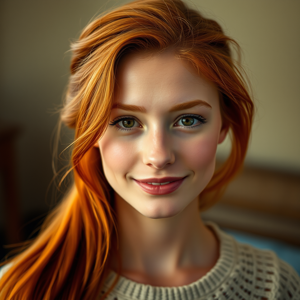 A beautiful young red-haired woman, looking directly at the camera, realistic style, soft natural lighting, detailed facial features, expressive eyes, slight smile, cinematic composition, high-resolution portrait, professional photography quality, subtle background blur, vibrant yet natural colors