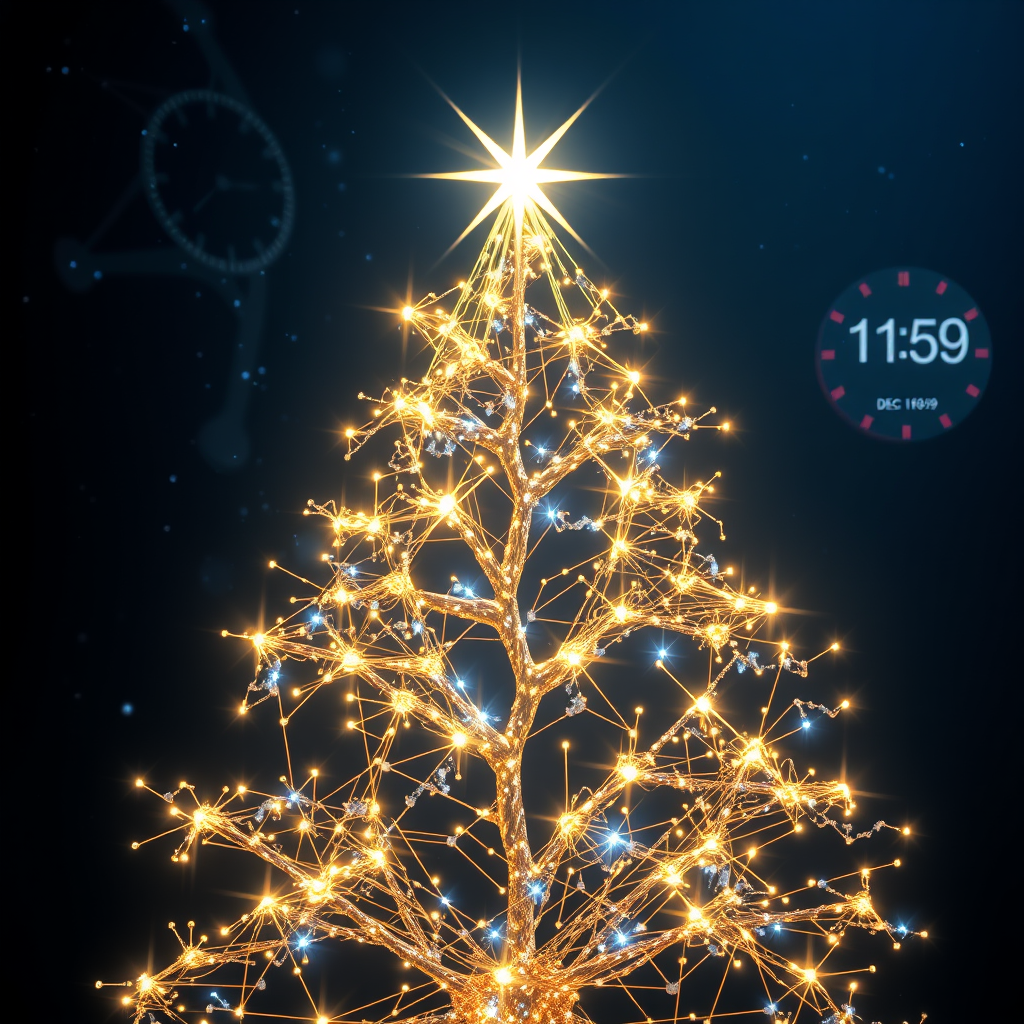 A breathtaking hyper-realistic 3D render of a futuristic, glowing neural network shaped like a Christmas tree. The connections are pulsating fibers of light (gold, silver, blue). At the top, a shining star. In the background, a dark blue starry night and a clock showing 11:59 on December 31. The style is digital art, luminous, magical, cinematic. --ar 16:9