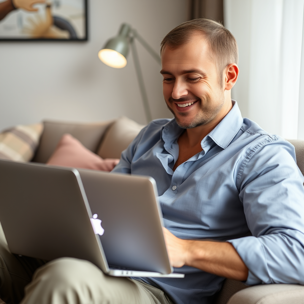 Happy Russian man in a shirt at home on the sofa sidis with a laptop turned on. Theme earnings on the Internet Happy Russian man in a shirt at home on the sofa sidis with a laptop turned on. Theme earnings on the Internet