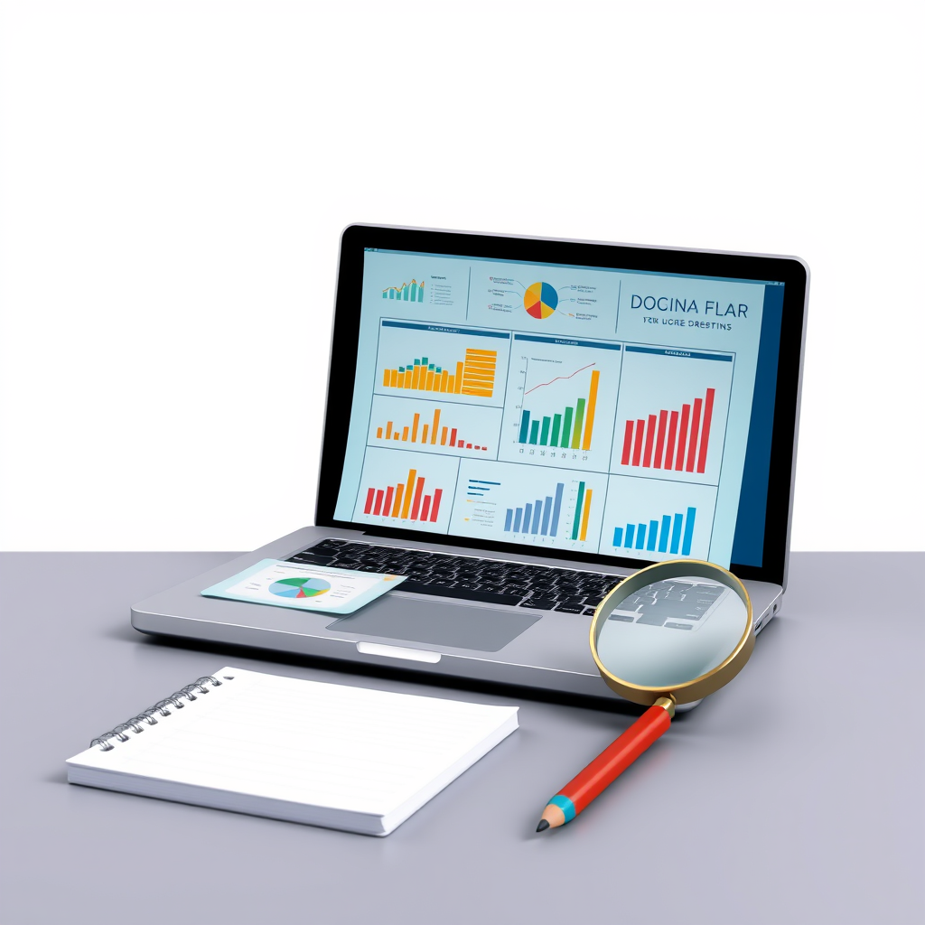 Create a banner that features an open laptop with a series of graphs and charts, a notepad, a colored pencil, and a magnifying glass.