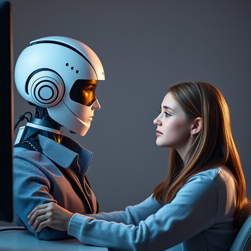 Create a real photo of a girl and an AI employee. The AI ​​employee shows the girl a computer screen with an image of the AI ​​brain