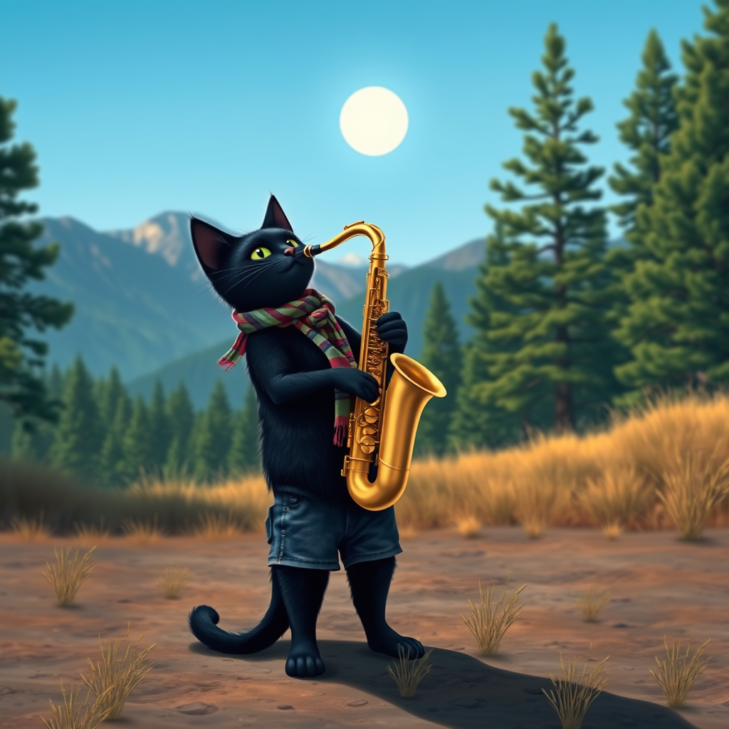 A black cat plays the saxophone standing in a clearing. Behind is a pine forest and mountains in the distance. A clear day, the sun is bright. The cat is in denim shorts and with a colored scarf. A black cat plays the saxophone standing in a clearing. Behind is a pine forest and mountains in the distance. A clear day, the sun is bright. The cat is in denim shorts and with a colored scarf.