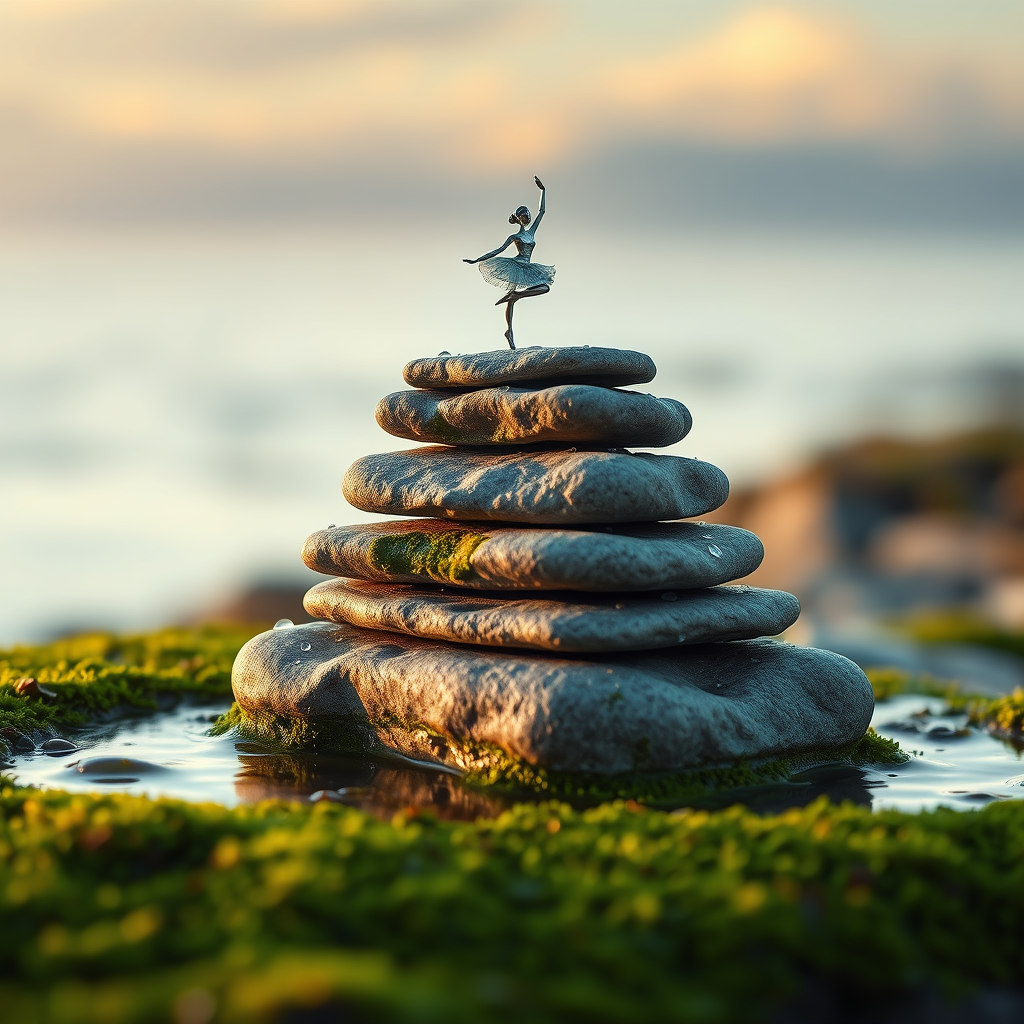 Macro photography, ultra-detailed, ultra-realistic, with an atmosphere of magical realism, soft natural lighting during the golden hour at the seaside. In the center of the composition is a neatly balanced pyramid of seven flat stones covered with moss and algae. At the top of the pyramid stands a miniature metal figure of a ballerina in the arabesque pose, made of thin silver wire. At the middle level of the pyramid is a miniature metal figure of a man sitting in a meditation pose, also made of silver wire. The stones are wet, with water droplets reflecting the light. There are small puddles and moss around the pyramid, creating a sense of natural harmony. The background is blurry: you can see the sea horizon, light clouds and delicate shades of sunset. The depth of field is minimal, the focus is on the pyramid and the figures. The effect of light fog, giving the scene a mystery. Color palette: rich green shades of moss, gray and brown tones of stones, silver metal figurines, delicate