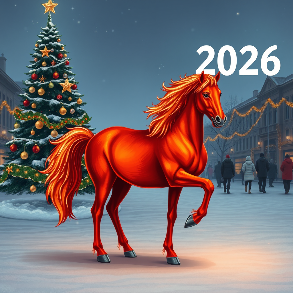 Draw a photorealistic New Year's picture with one decorated tree and garlands. The numbers 2026 are written exactly in the upper right corner. In the foreground is a fiery red horse with four legs, one head, one tail, and no bridle or saddle. Keep in mind that the action takes place in the evening on a snowy square.