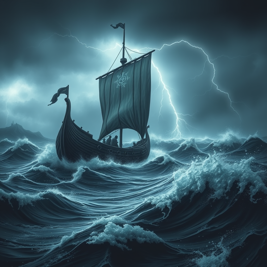 7. A Viking longship in a stormy sea, dramatic waves and lightning, dark moody palette.