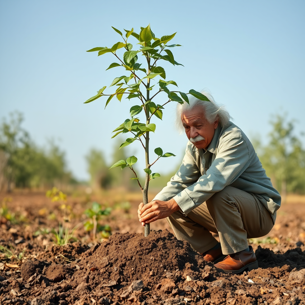 The man resembling Einstein planting a tree, symbolizing growth and values.