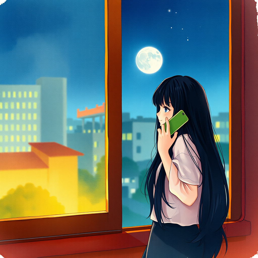 Chinese girl with long black hair stands at the window at night and happily talks on the phone