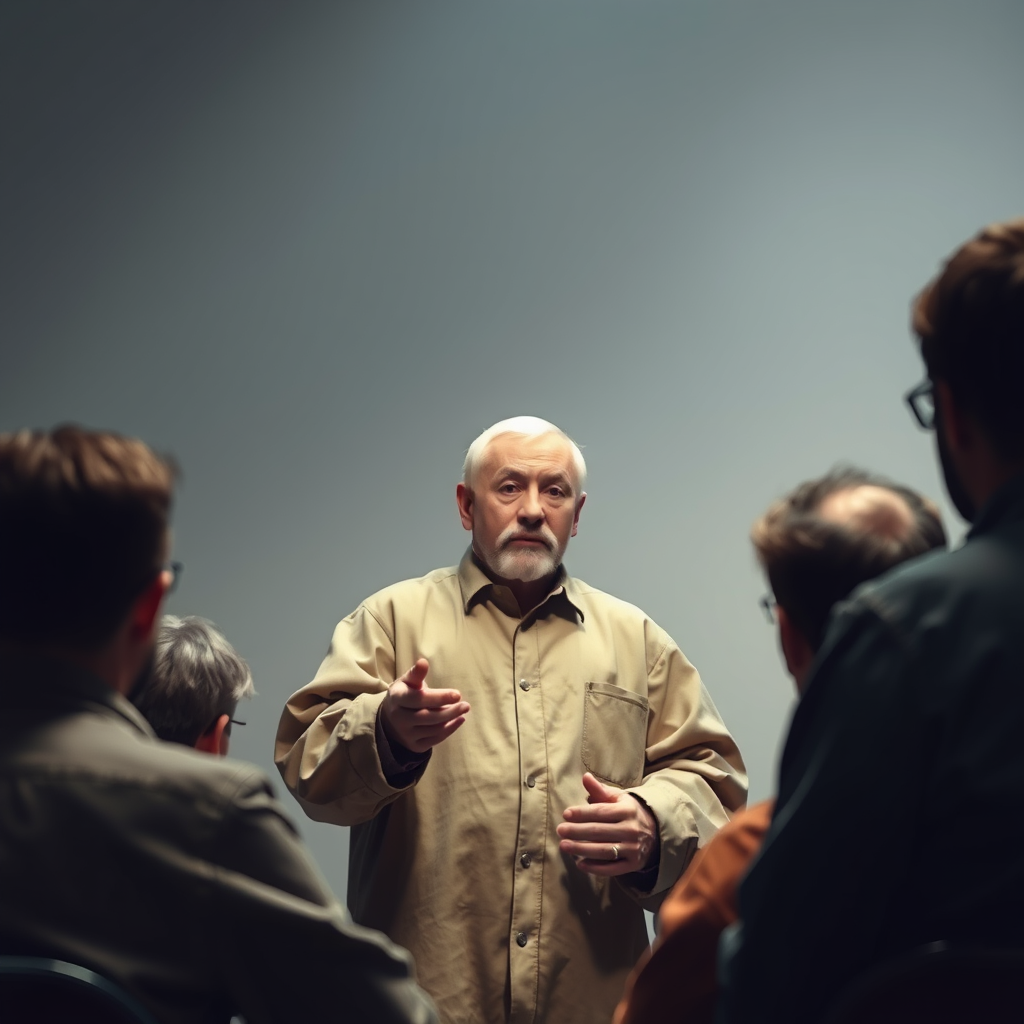 The Strugatsky-like figure asking questions in front of a group.