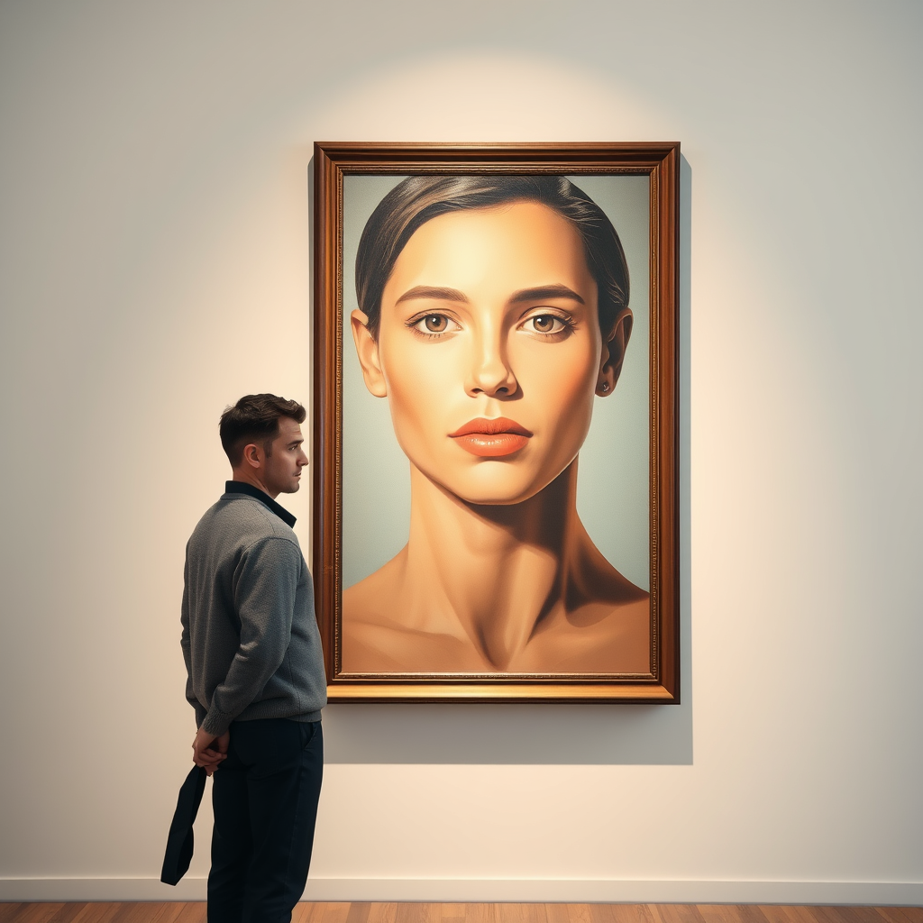 A cinematic editorial portrait in a modern art gallery. The person from the uploaded photo stands beside a large framed oil painting of their own face on a white wall, looking calmly at the camera. Soft side light with deep shadows and glossy highlights, shallow depth of field, minimal clean background, elegant and realistic atmosphere.