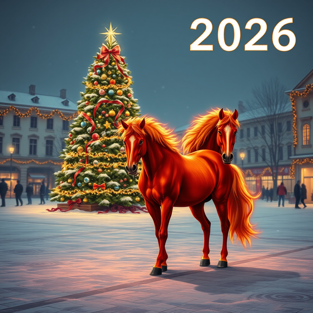Draw a photorealistic New Year's picture with one decorated tree and garlands. The numbers 2026 are written exactly in the upper right corner. In the foreground is a fiery red horse with four legs, one head, one tail, and no bridle or saddle. Keep in mind that the action takes place in the evening on a snowy square.